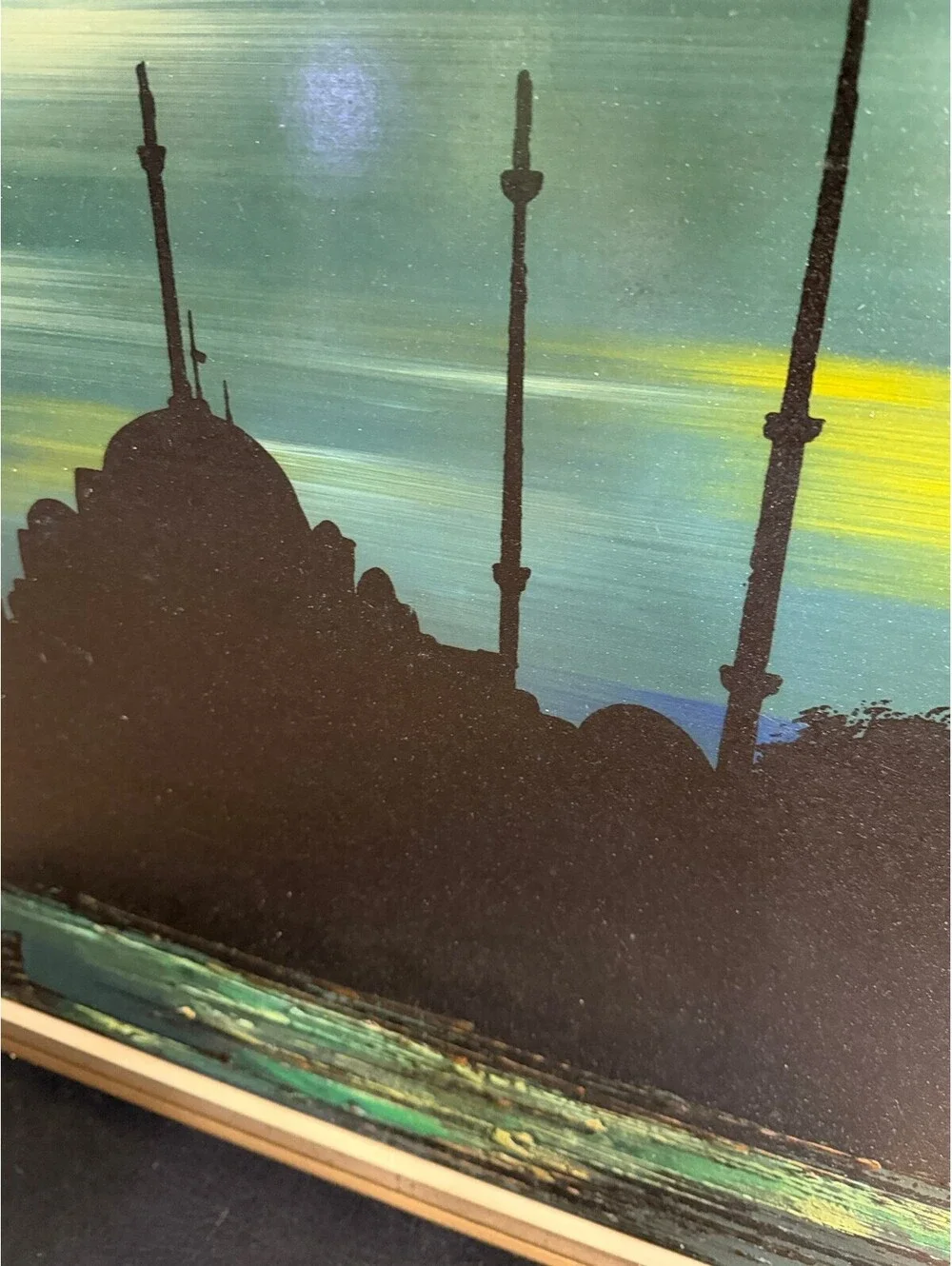 MCM Framed Signed Painting of City Skyline at Dusk  52” x 28.5”